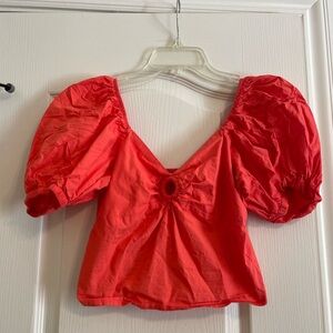 Red Puff Sleeve Crop Blouse